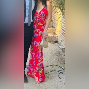 Aqua Floral Print Tie Back Slip Gown